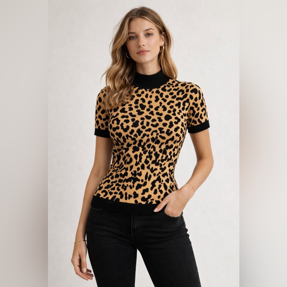 DKNY Leopard Print Short Sleeve Fitted Top